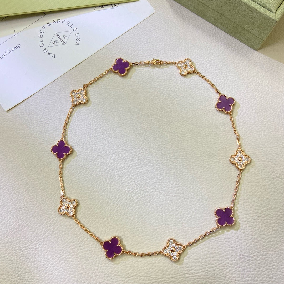 [⭐Hildren Jewelry Jewelry]CLOVER 10 MOTIFS  PURPLE VIOLET DIAMOND NECKLACE