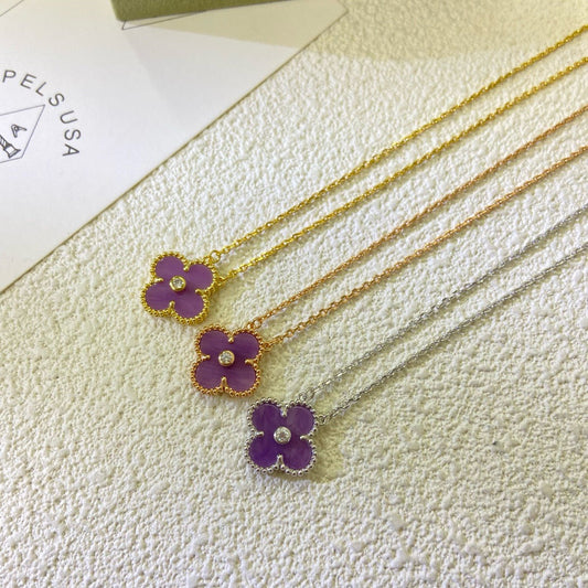 [⭐Hildren Jewelry Jewelry]CLOVER 15MM DIAMOND  PURPLE VIOLET NECKLACE