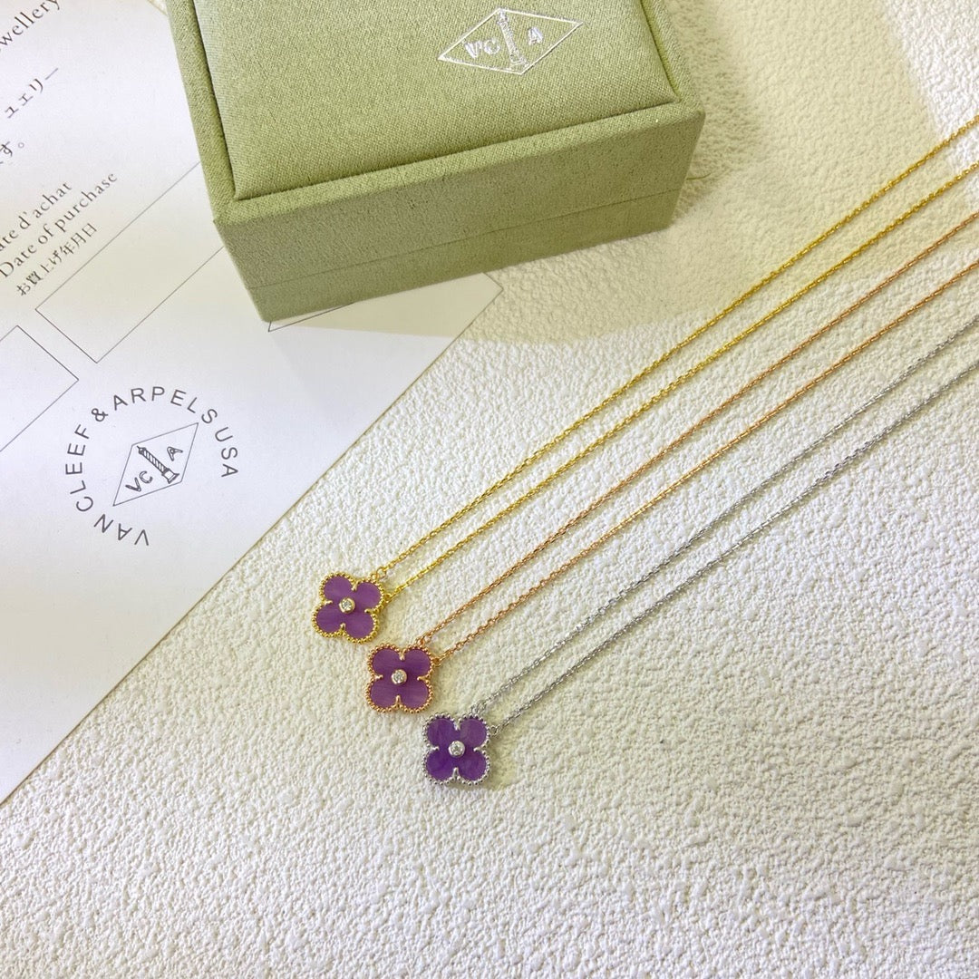 [⭐Hildren Jewelry Jewelry]CLOVER 15MM DIAMOND  PURPLE VIOLET NECKLACE