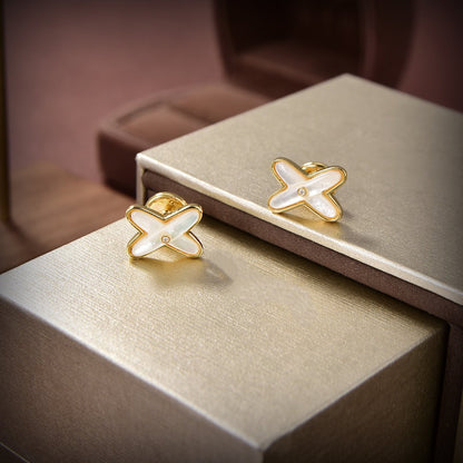 [⭐Hildren Jewelry]JEUX DE WHITE MOP GOLD DIAMOND EARRINGS