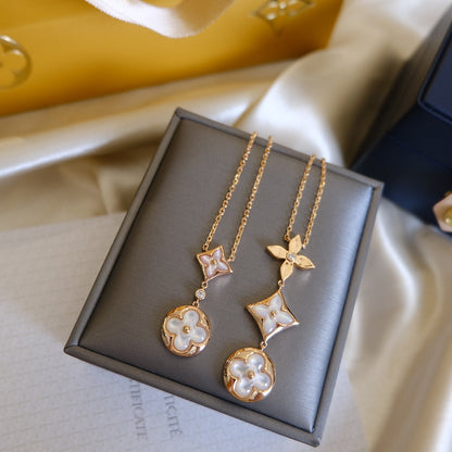 [⭐Hildren Jewelry]COLOR BLOSSOM LARIAT NECKLACE PINK GOLD WHITE MOTHER PEARL AND DIAMOND