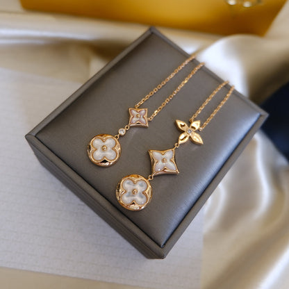 [⭐Hildren Jewelry]COLOR BLOSSOM LARIAT NECKLACE PINK GOLD WHITE MOTHER PEARL AND DIAMOND
