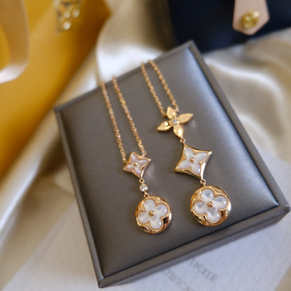 [⭐Hildren Jewelry]COLOR BLOSSOM LARIAT NECKLACE PINK GOLD WHITE MOTHER PEARL AND DIAMOND