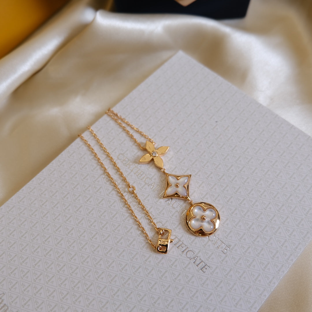 [⭐Hildren Jewelry]COLOR BLOSSOM LARIAT NECKLACE PINK GOLD WHITE MOTHER PEARL AND DIAMOND