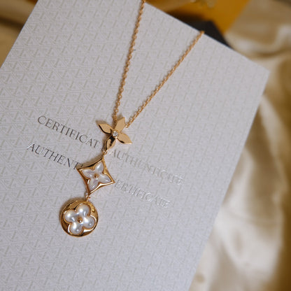 [⭐Hildren Jewelry]COLOR BLOSSOM LARIAT NECKLACE PINK GOLD WHITE MOTHER PEARL AND DIAMOND