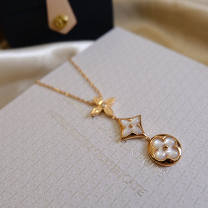 [⭐Hildren Jewelry]COLOR BLOSSOM LARIAT NECKLACE PINK GOLD WHITE MOTHER PEARL AND DIAMOND