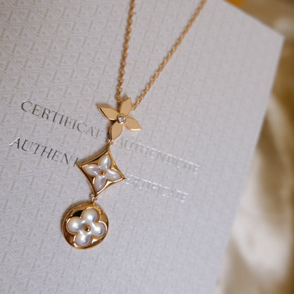 [⭐Hildren Jewelry]COLOR BLOSSOM LARIAT NECKLACE PINK GOLD WHITE MOTHER PEARL AND DIAMOND