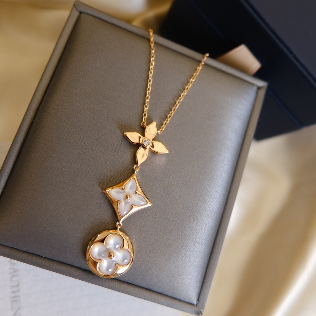 [⭐Hildren Jewelry]COLOR BLOSSOM LARIAT NECKLACE PINK GOLD WHITE MOTHER PEARL AND DIAMOND