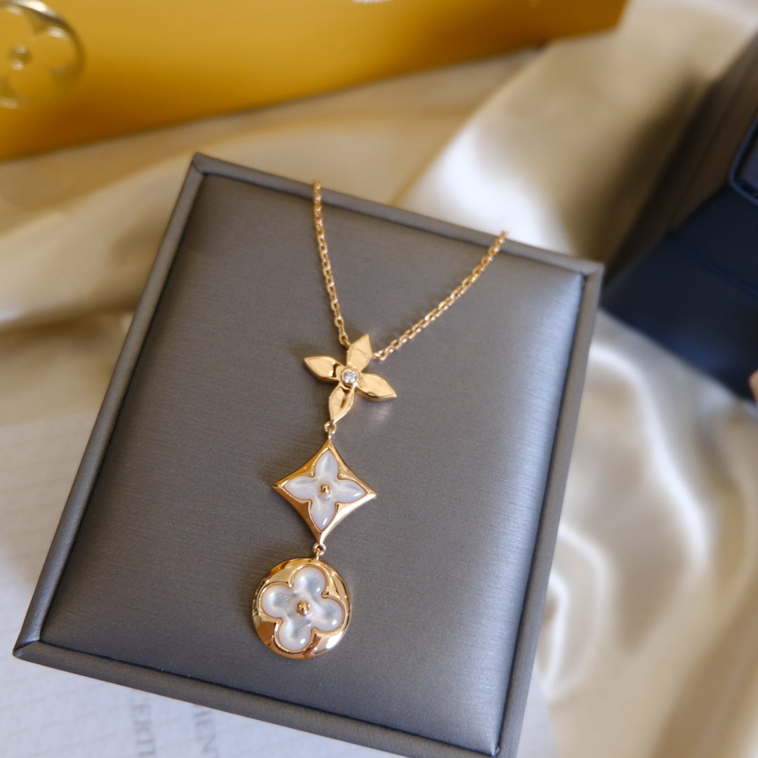 [⭐Hildren Jewelry]COLOR BLOSSOM LARIAT NECKLACE PINK GOLD WHITE MOTHER PEARL AND DIAMOND