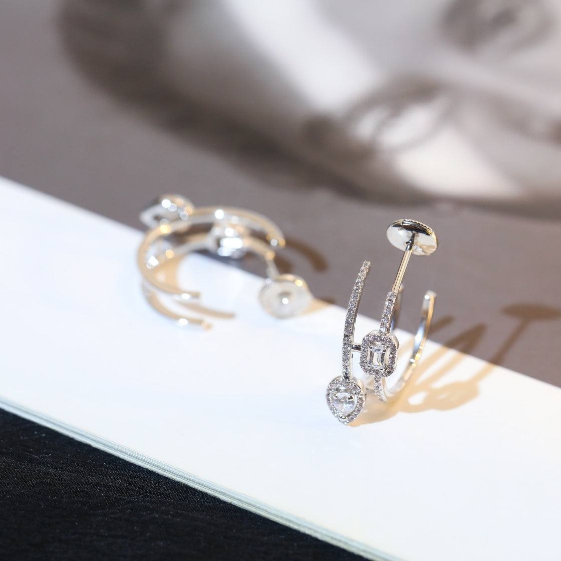 [⭐Hildren Jewelry]CREOLES MY TWIN 2 RANGS SILVER DIAMOND EARRINGS