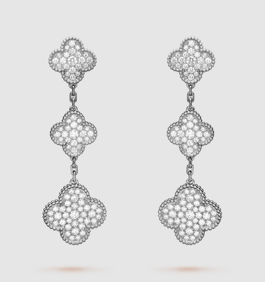 [⭐Hildren Jewelry]CLOVER 3 MOTIF DIAMOND SILVER DROP EARRINGS