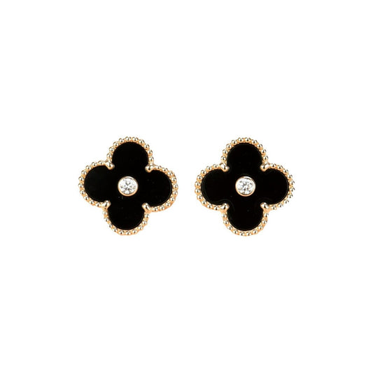[⭐Hildren Jewelry]CLOVER MEDIUM 1 MOTIFS ONYX DIAMOND EARRINGS