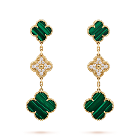[⭐Hildren Jewelry]CLOVER EARRINGS GOLD MALACHITE DIAMOND 3 MOTIF