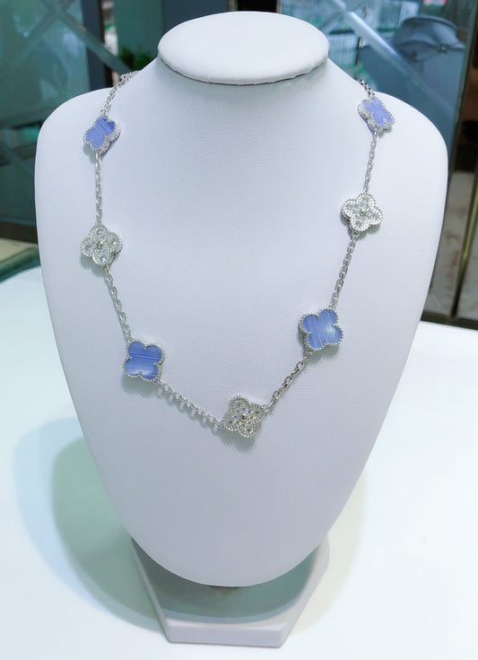 [⭐Hildren Jewelry]CLOVER 10 MOTIFS CHALCEDONY DIAMONDS SILVER NECKLACE